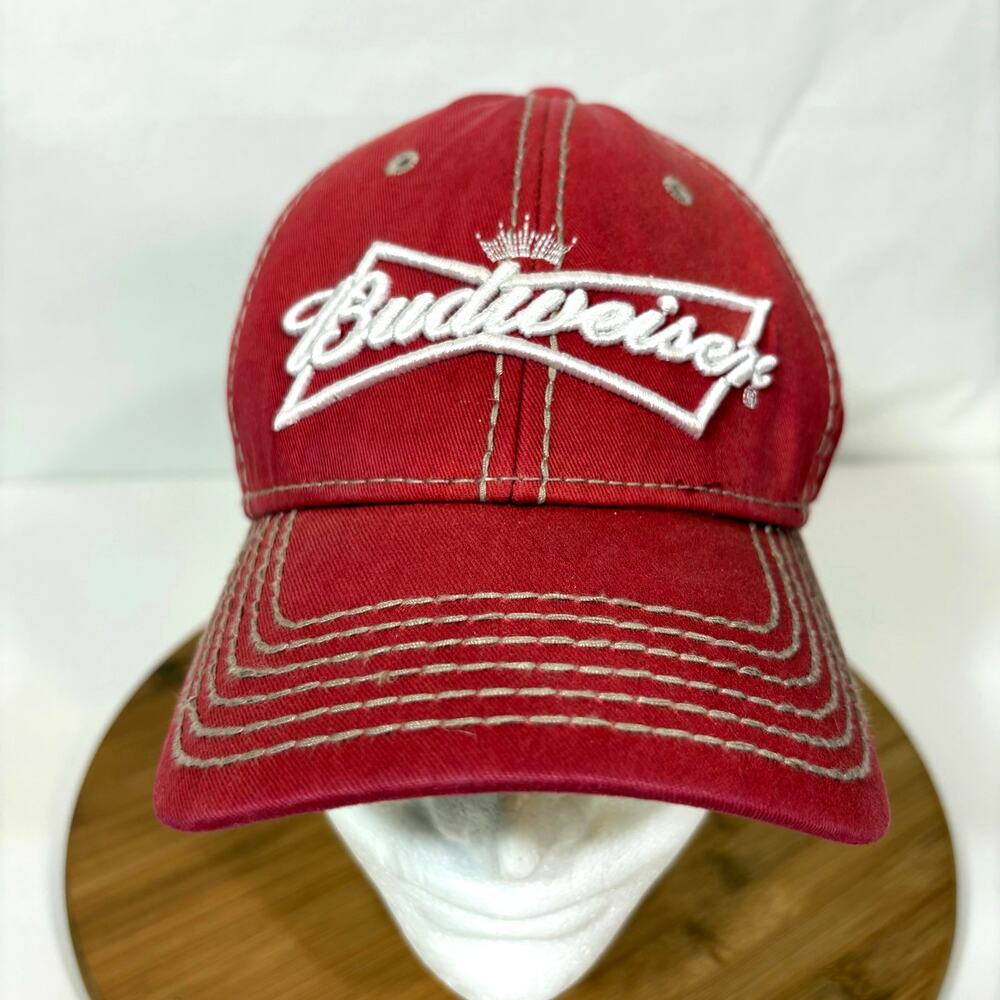 Retro Budweiser Hat Thick Stitch Red Adjustable Strap Baseball Cap Embroidered